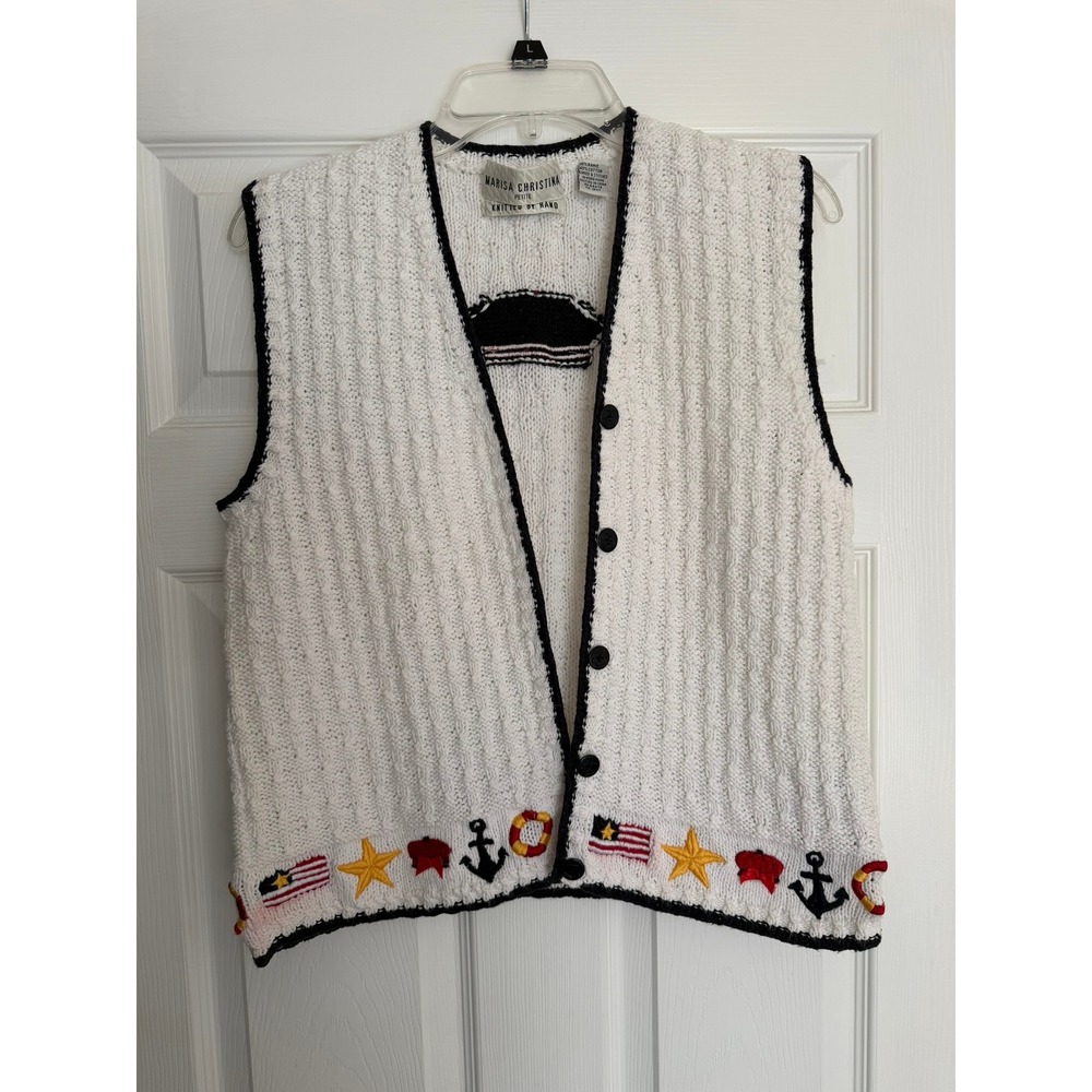 Marisa Christina Petite Nautical Hand Knit Sweater Vest White Ramie Cotton Vtg